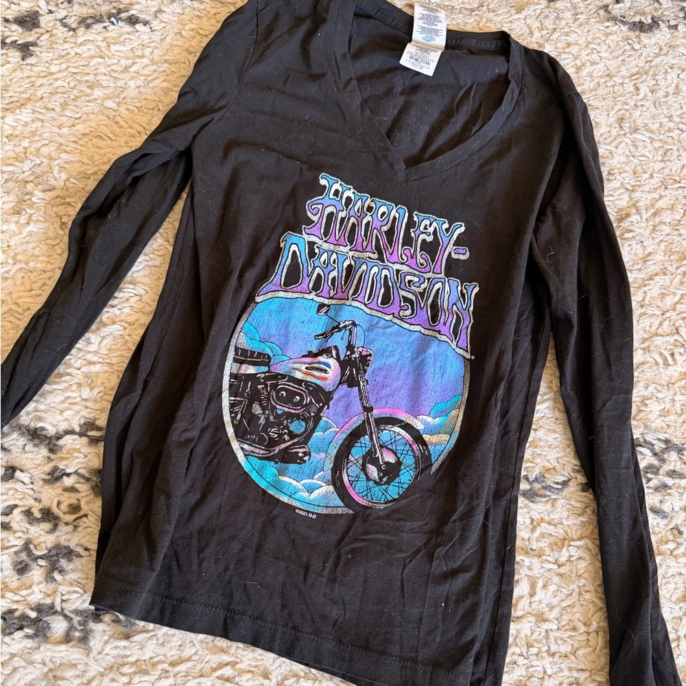 Harley-Davidson Black Long-Sleeve V-Neck Shirt with Blue Graphic